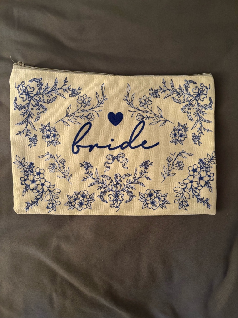 Amazon Bride Cosmetic Bag Cream with Blue Floral Design